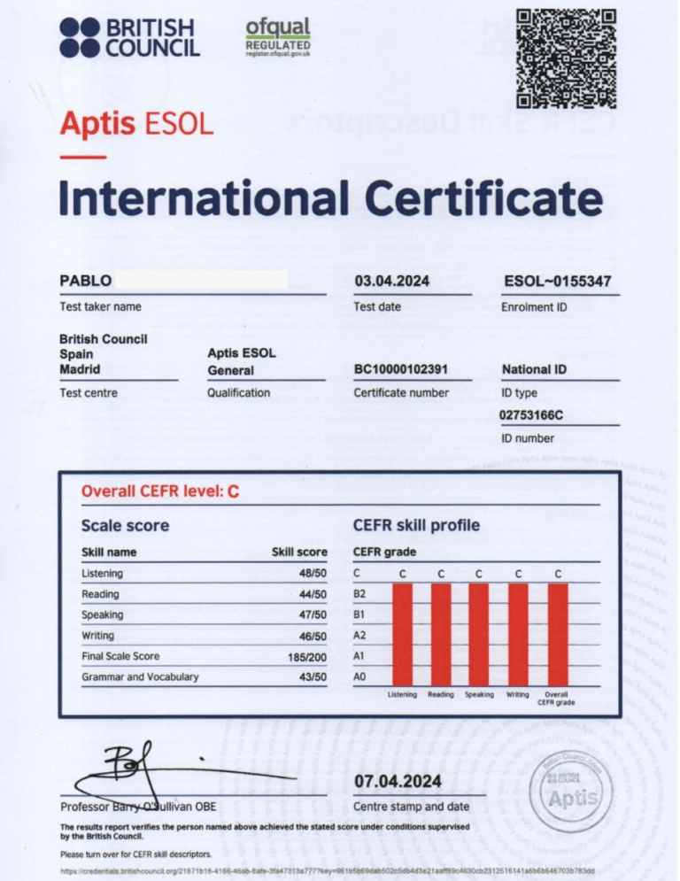 El alumno Pablo B(omitimos apellido) obtiene la mayor puntuación en el examen Aptis General, alcanzando un certificacion nivel C1 habiendose formado en The Bridge Academia de Ingles